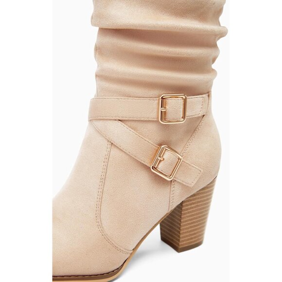 Women Nude Mid Knee High Boots Chunky Heel Slouchy Metal Buckle Winter Shoes - Picture 5 of 5